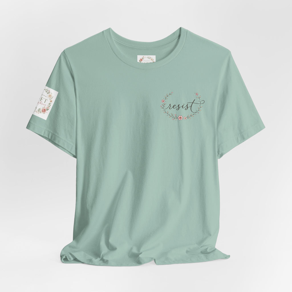 Kitty Resist AI Data Floral Tee — Feminine 'Resist' Graphic T-Shirt