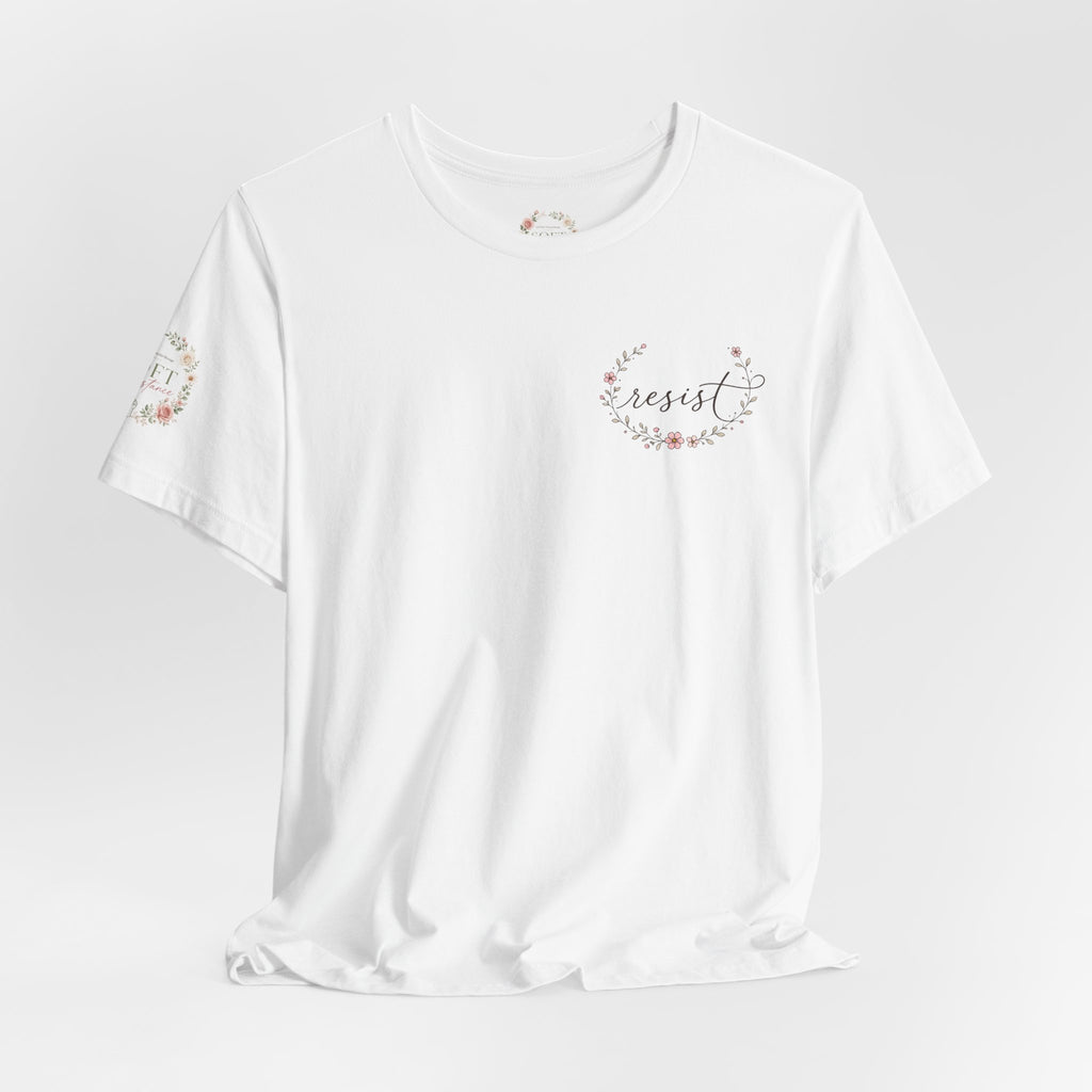 Kitty Resist AI Data Floral Tee — Feminine 'Resist' Graphic T-Shirt